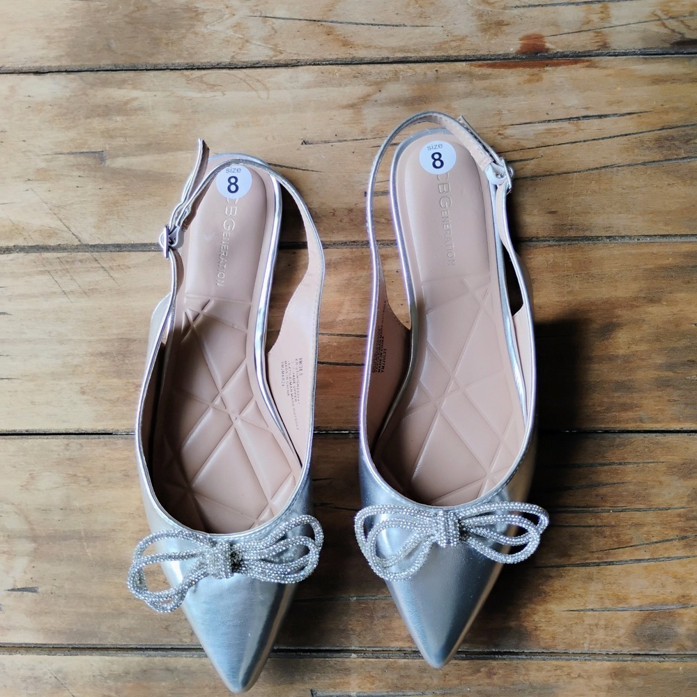 New, BCBGeneration Silver Slingback Pointed ToeFlats with Rhinestone Bow, Size 8